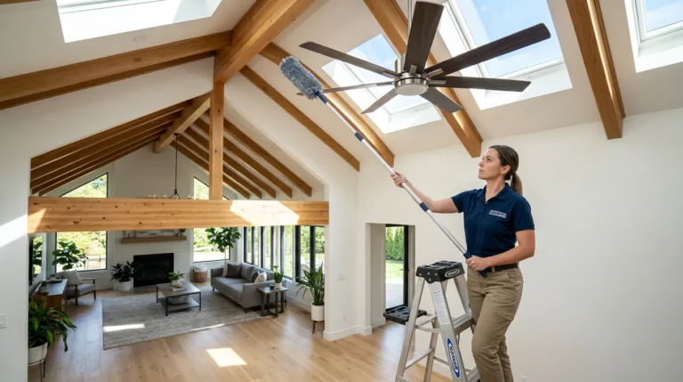 Professional cleaner using an extended telescopic duster to clean a large ceiling fan in a bright modern home