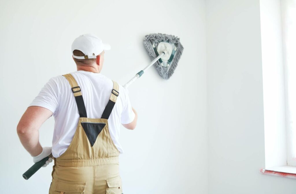 Man cleaning a wall with a flat mop.