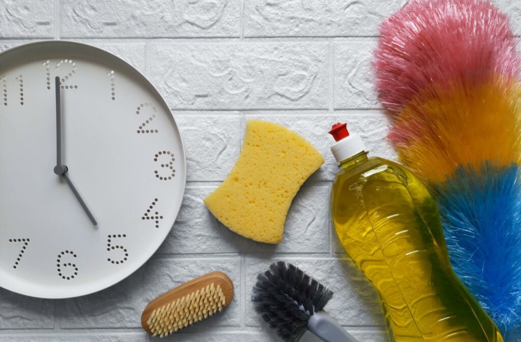 A close up view of a clock on the left with a bottle of cleaner, a multi-coloured duster, sponge, brush, and scrubber on the right.