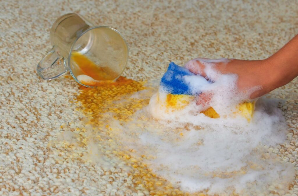 A close up view of a woman's hand holding a sponge soaked in foam soap cleaning a carpet with liquid spillage from a transparent mug.