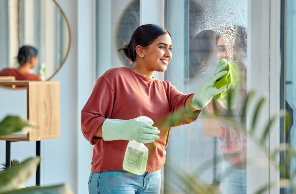 A person deep cleaning the windows of their home.