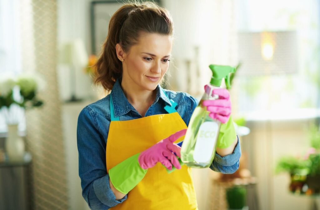 A house cleaner checking the ingredient list of their cleaning product