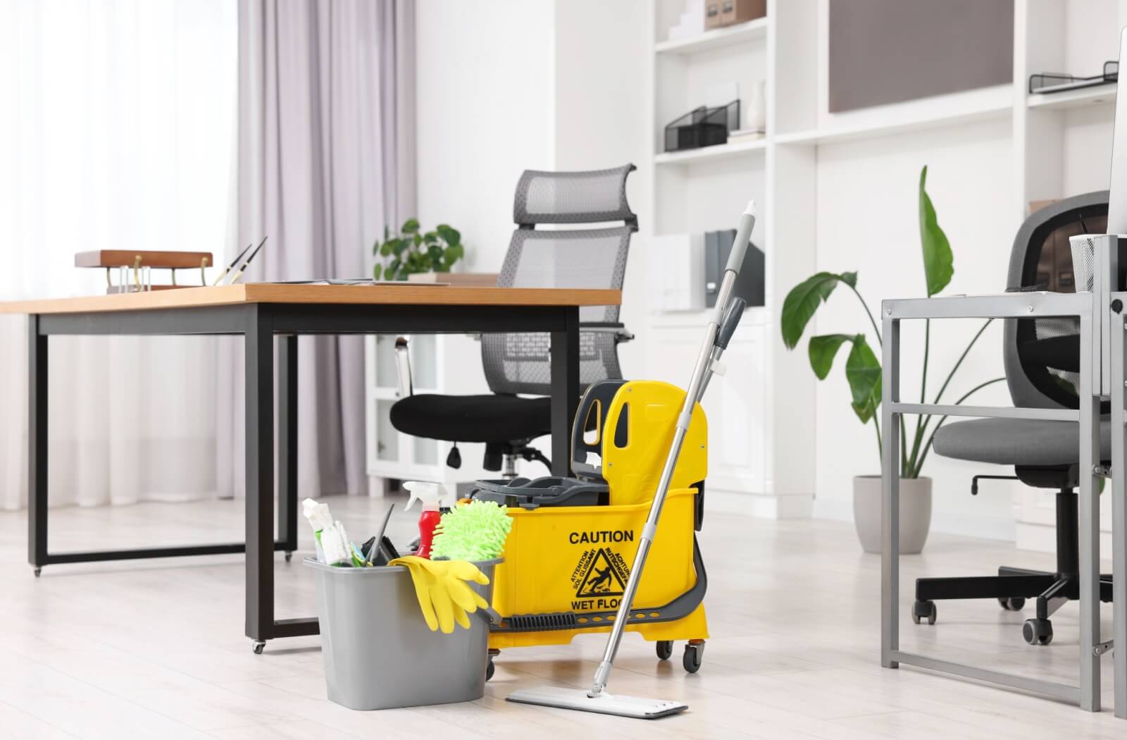 A mop bucket and cleaning supplies sit in a pristine office.