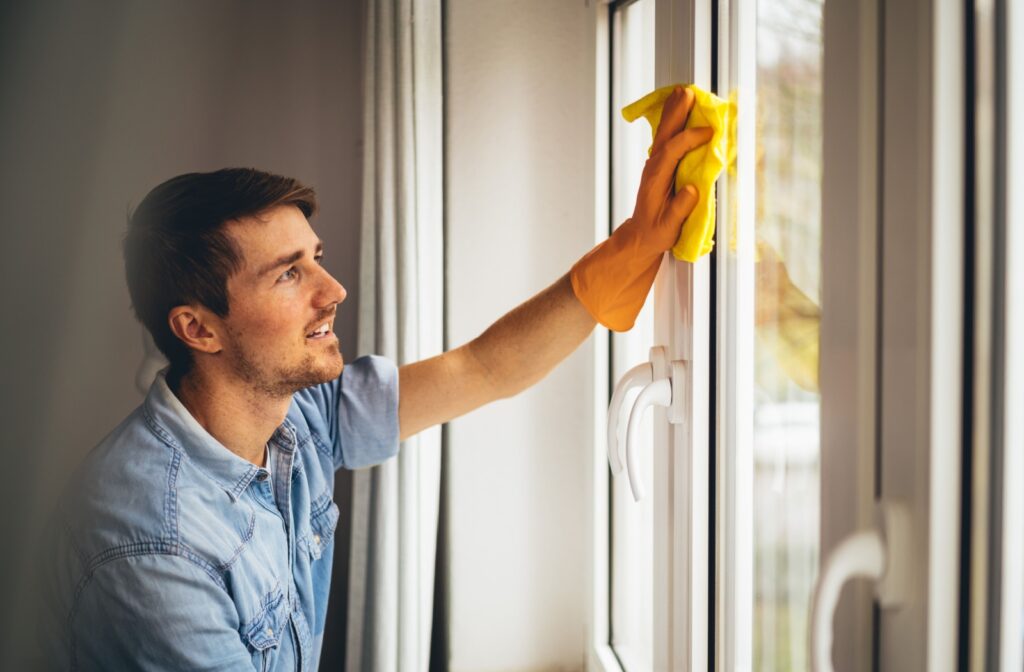 A young adult wearing yellow rubber gloves cleans their window with a yellow microfiber cloth on an overcast day.