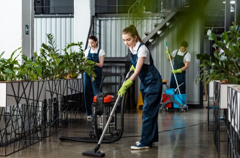 A professional team cleaning a commercial space.