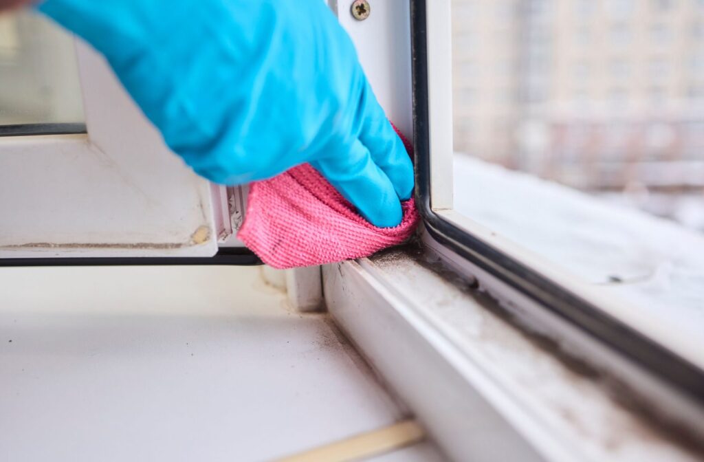 Hand wearing blue glove wiping a window track with microfibre cloth.