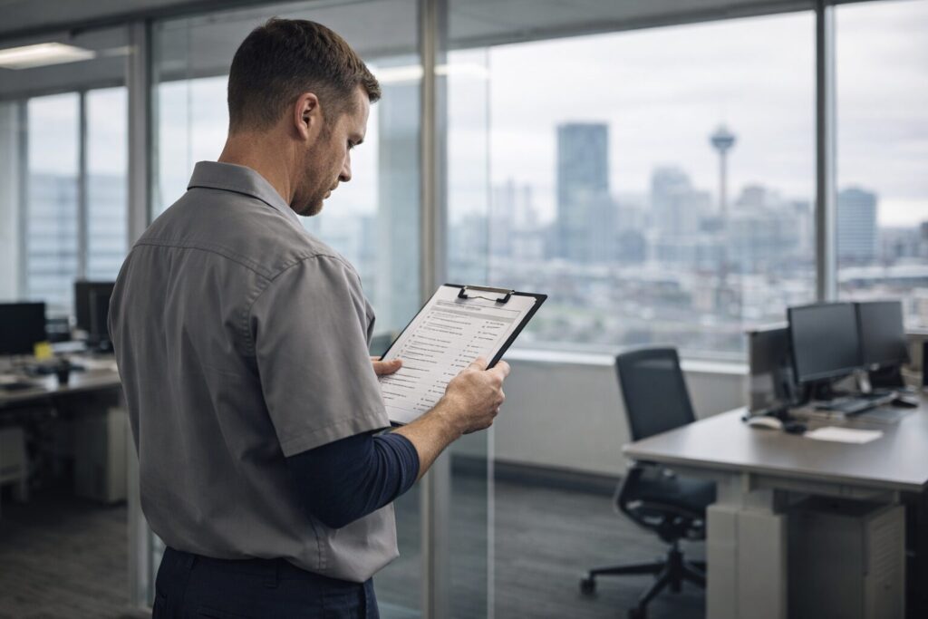 Professional commercial cleaner reviewing an office cleaning checklist in a modern Calgary office workspace.