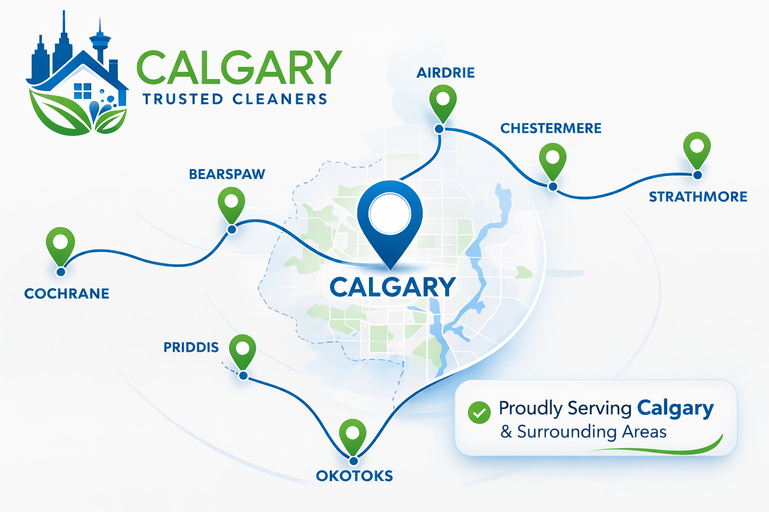 Service area map showing Calgary Trusted Cleaners coverage including Calgary, Airdrie, Chestermere, Cochrane, Okotoks, Strathmore, Bearspaw, and Priddis.