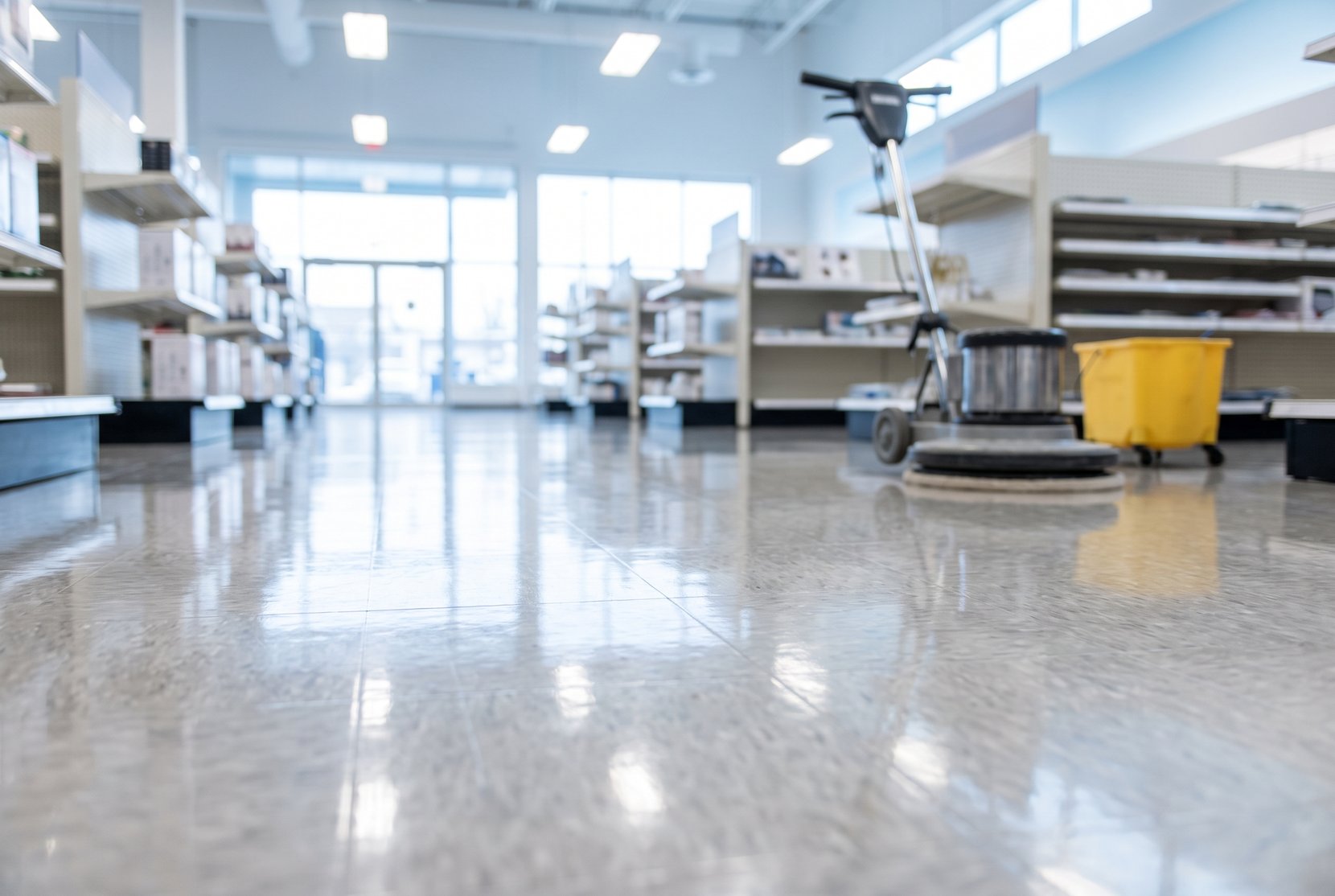 Freshly polished commercial floor in a Calgary retail store, with a floor polishing machine beside the shelving