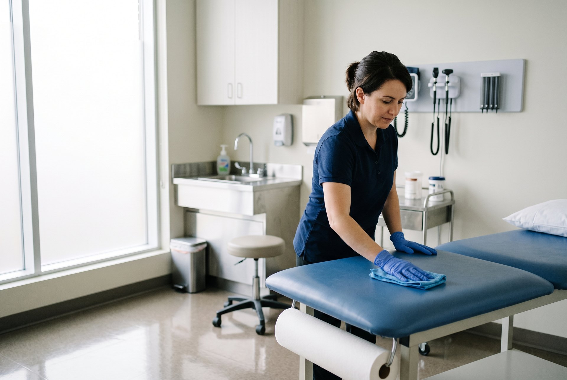 Cleaner in gloves wiping an exam table during medical office cleaning at a Calgary clinic