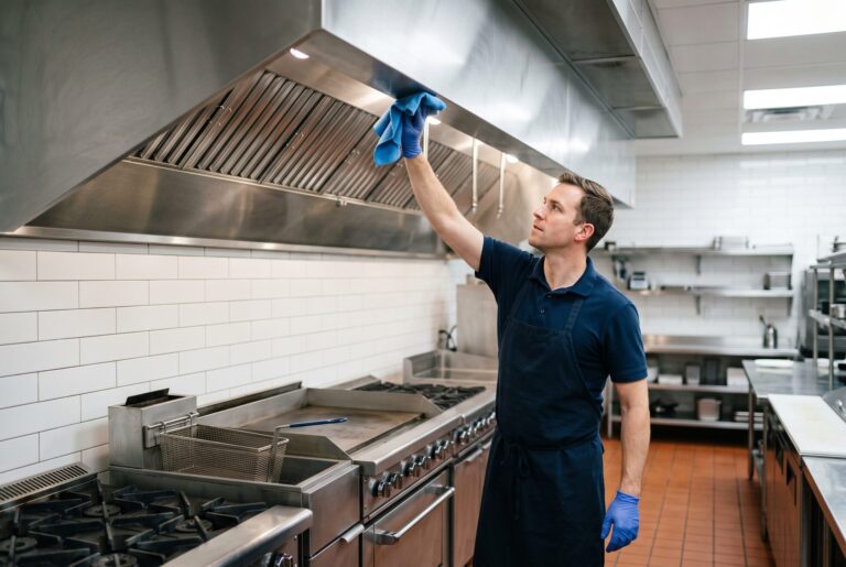 Cleaner wiping a stainless steel exhaust hood during restaurant hood cleaning in a Calgary kitchen