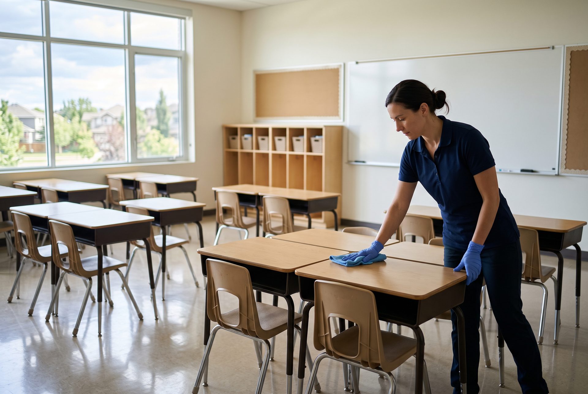 Cleaner in gloves wiping a student desk during school cleaning in a Calgary classroom